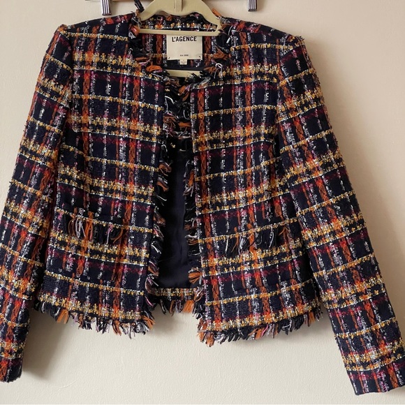 L’Agence Angelina Jacket Midnight Navy Blue Tweed Fringe coastalgrandma polished - Picture 10 of 16